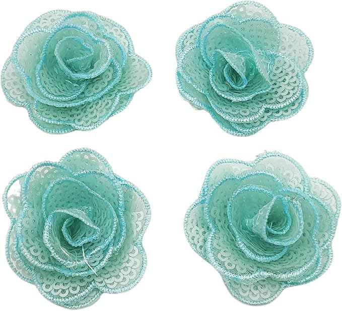 5 PC Rose Flower Sequins Lace Embroidery Patch Applique Trim Wedding Dress DIY Sewing Craft Clothes Applique, 1.6 Inch, Light Blue