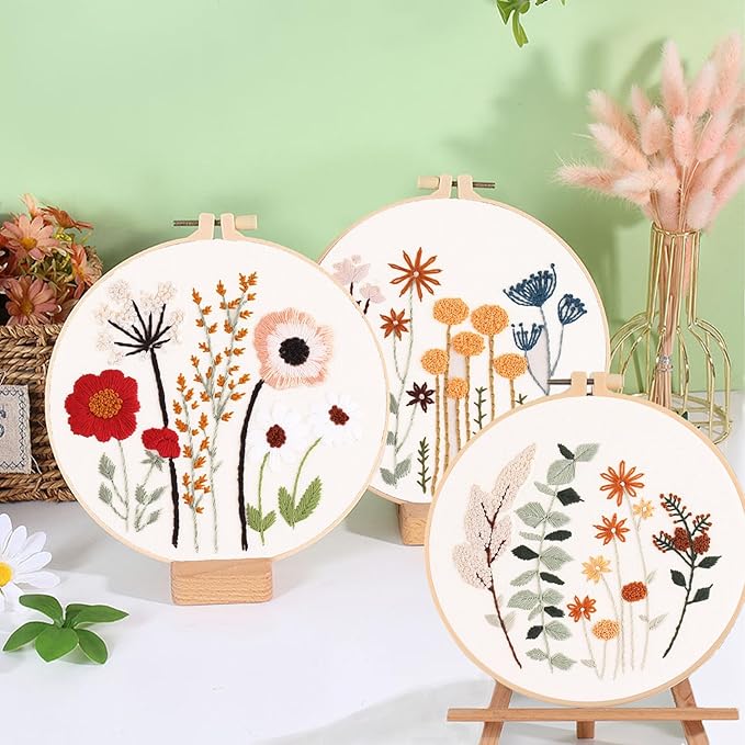 Ohcol 3 Sets Embroidery Kit,Needlepoint Kits for Adults,Needle Point Cross Stitch Kits for Beginners with Washable Pre-Printed Floral Pattern,3 Hoops,Women DIY Hand Crafts
