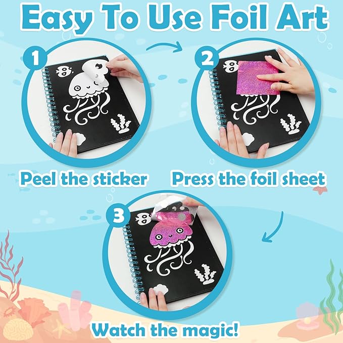 FUNNYB&G Foil Art Craft for Kids - Christmas Crafts Gift Party Favors Stocking Stuffers for Kids Fun Art Supplies Creative Birthday Gift Travel Toys for Girls Boys 4 5 6 7 8 9 Years Old(Ocean)