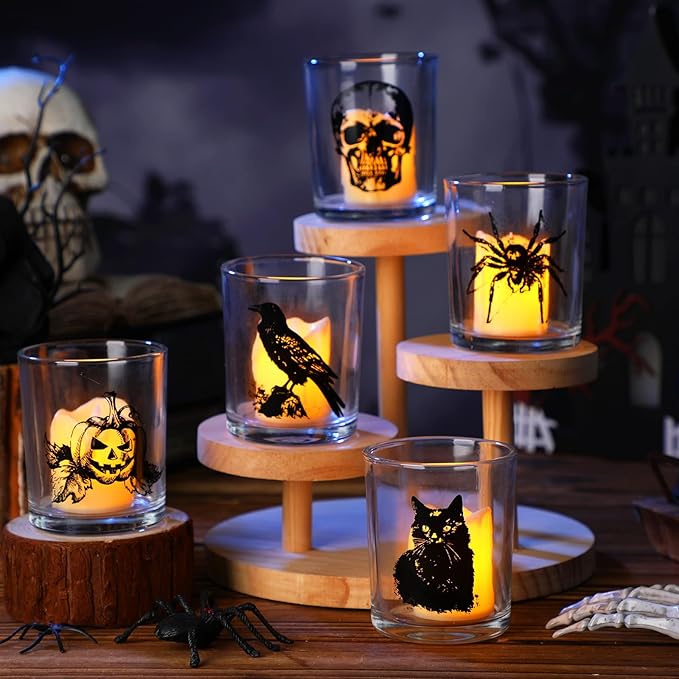 Ziliny 10 Pcs Halloween Horror Glass Candle Jars Empty Containers Bulk 7 oz Halloween Glass Jars with Cork Lids Tins for Holiday Candle Making Storing Biscuits Tea Party Favors Decorations