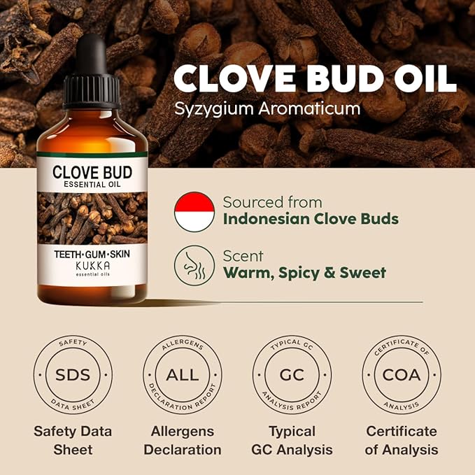 KUKKA Clove Essential Oils - 4 Fl Oz - for Hair, Skin, Diffuser, Aromatherapy & DIY Soap Making Scent