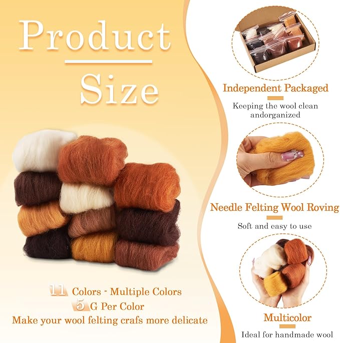 Boutigem 11 Colors 55G Brown Needle Felting Wool Roving, DIY Craft Spinning Fibre Wool Roving for Needle Felting, Chunky Handmade Yarn for Beginners DIY Hand Spinning, Weaving and Blending