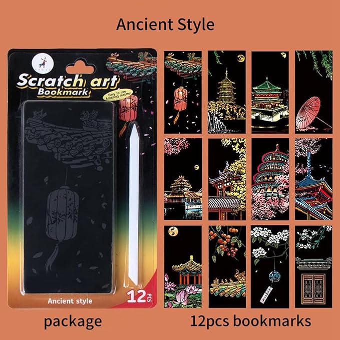 Georgie Porgy Scratch Paper Art Set for Kids Adults Magic Rainbow Scratchboards for DIY Arts and Crafts Kits Christmas Birthday Gift with Scratching Tools Kit (Bookmarks-Famous Scenery+Ancient Style)