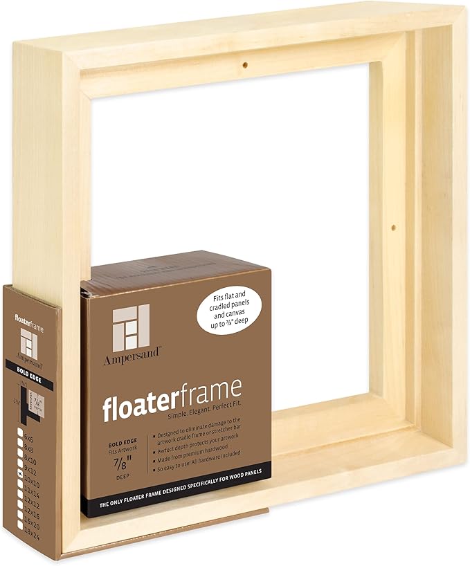 Ampersand Art Supply Floaterframe Readymade Frame for Flat and 7/8" Deep Wood Panel and Canvas Artwork, Paintings, Prints, and More, 10"x10", Maple Bold