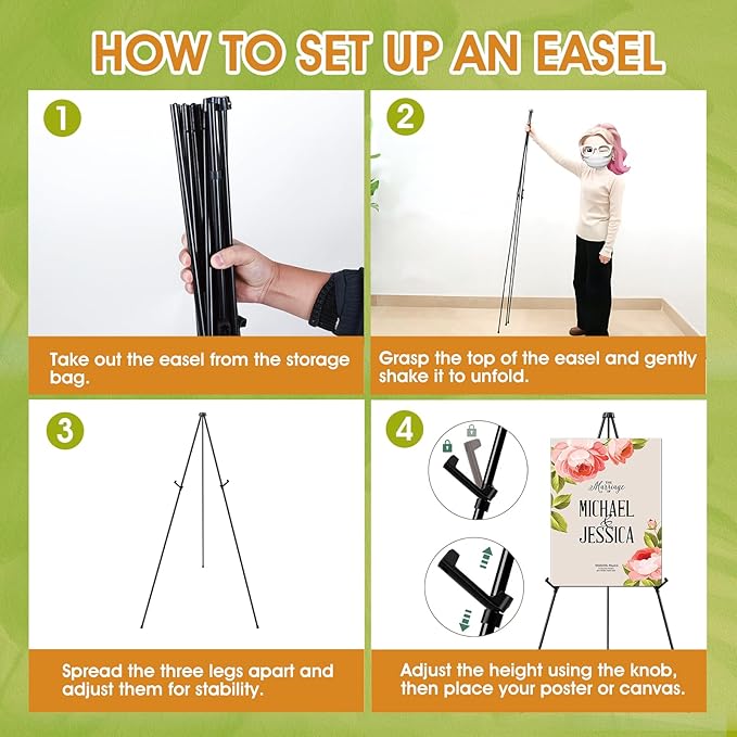 AROIC 63" Easel Stand for Display, 3 Pack Portable Foldable Metal Easel, Easels for Signs Wedding Logos,Arts, Painting,Adjustable Floor Easels with 3 Storage Bag