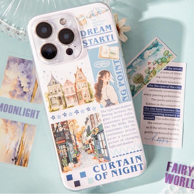 40 Sheets Pre-Cut PET Washi Sticker Books for Journaling, 2Pack Watercolor City and Night Sky Themes, Scrap Book Stickers for Scrapbooking, Junk Journal Supplies, Aesthetic Collage