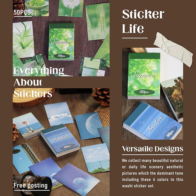 Washi Stickers, 6 Sets 300 Pcs Aesthetic Sticker Book for DIY Journaling, Journaling Supplies for Bullet Journal Art Diary Card Craft Gifts Planner Notebook