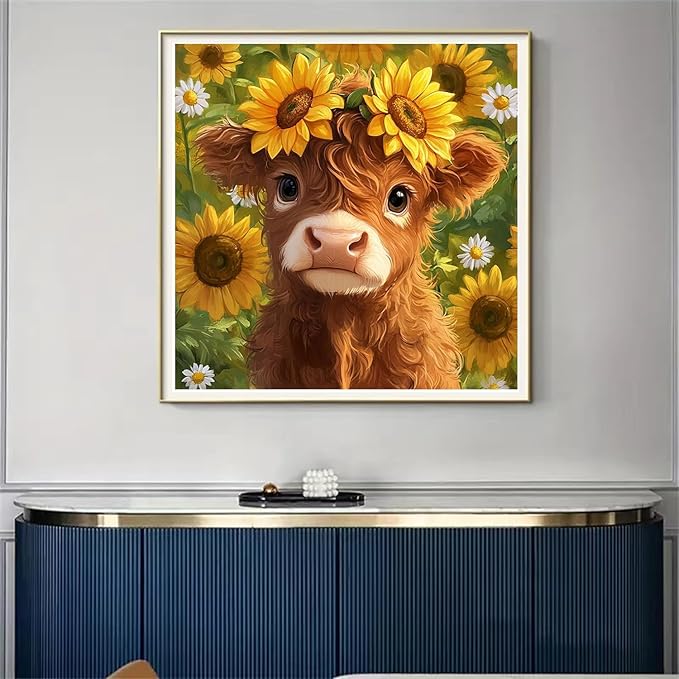 Highland Cattle Cross Stitch Kits for Beginners Adults, Sunflower Patterns Dimensions Needlepoint Art Crafts,Counted Cross Stitch Kits Embroidery Kits for Beginners Adults for Home Decor