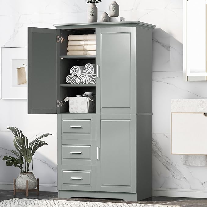 Large Storage Cabinet with 3 Doors and 3 Drawers, Freestanding Cabinet with Adjustable Shelves, Tall Modern Versatile Cupboard for Home Office Livingroom (Grey)