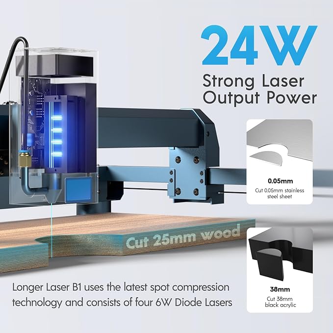 Longer B1 24000mW Laser Engraver with auto air Assist, Chuck jaw kit, 500mm Honeycomb Panel, Camera, and 16pcs raisers. Precise Cutting on Wood, Acrylic, and Stainless Steel.