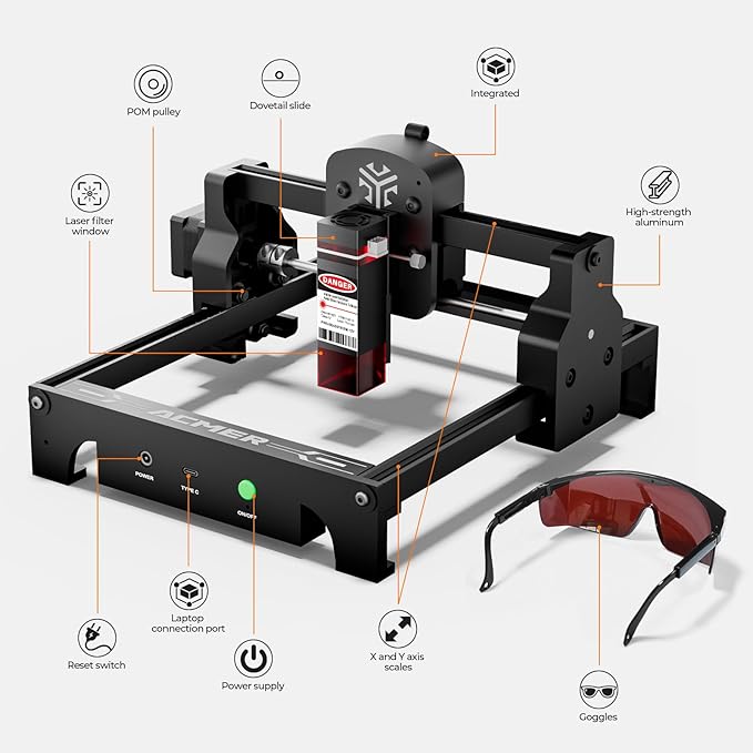 Acmer S1 Laser Engraver and Cutter Machine, 3.5W (3500mW) for Wood, Acrylic, Leather, Plastic - 130x130mm Compact Engraving Area, DIY Crafts & Art Projects, Precision Mini Engraving Framework Design
