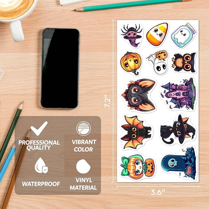 Halloween Style Cartoon Stickers Pack Cute Ghost Witch Pumpkin Cat Designs Vinyl Waterproof Non Repeating Holiday Party Decor for Kids Teens Lovers 108Pcs Hat Skateboard