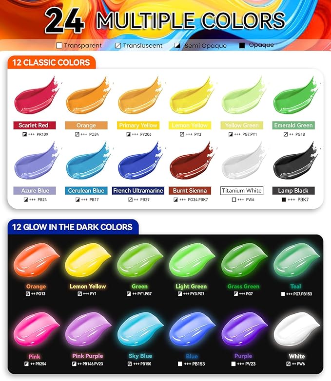 40 PCS Classic & Glow in the Dark Acrylic Paint Set with 12 Brushes, 2 Knives & Palette, 24 Colors Art Craft Paint for Beginners, Halloween Pumpkin Canvas Ceramic Rock Painting Kit