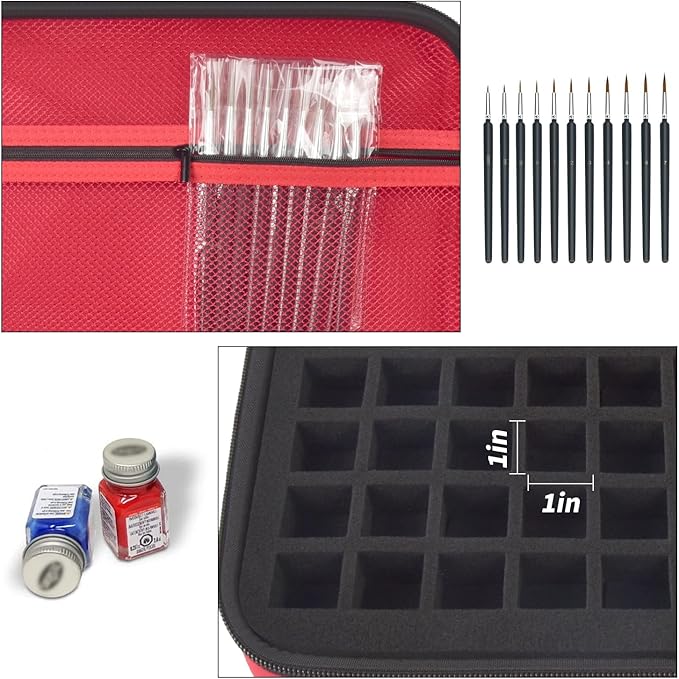 Model Paint Storage Case for Testors Paint Set, Paints Organizer Carrying Bag Holds 60 Bottles with 9 Fine Detail Miniatures Brushes, Enamel Paint Container, Drawing Ink Holder-Box Only (Red)