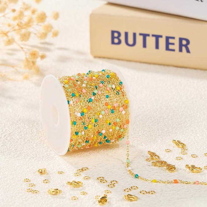 16.4 Feet Gold Plated Stainless Steel Chains Bulk Colorful Enamel Bead Chain Roll for Jewelry Making Thin Cable Link with Findings for DIY Craft