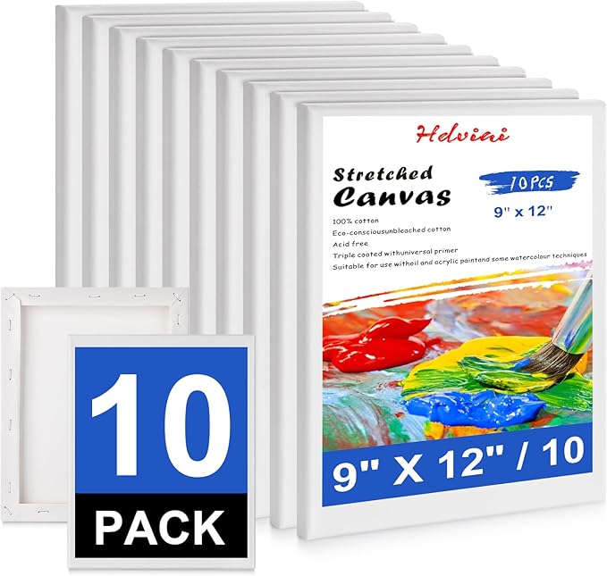 Stretched Canvas for Painting - 9x12 Inch/10 Canvas Value Pack - Triple Primer Acid Free 100% Cotton Blank Canvas for Painting Supplies Oil and Acrylic Pouring Art Watercolor