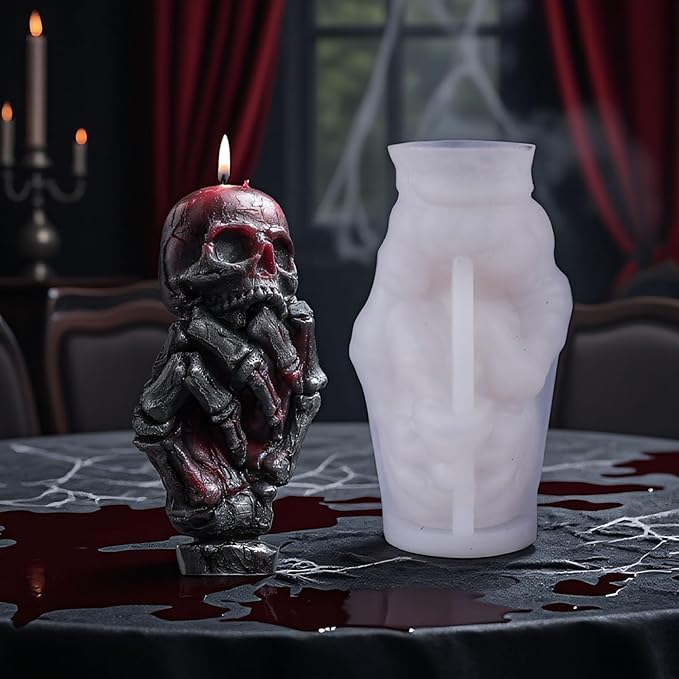 Snake Skull Silicone Mold, Cylinder Candle Mold with Coiling Snake for Halloween Candle Making, Resin, Clay Craft, Aromatherapy Gypsum, Home Decor (Bone Hand and Skull)