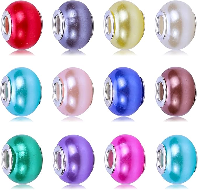 100 Pieces 14mm European Large Hole Spacer Beads Mix Color with Silver Brass Cores Assortments Charm Lampwork Beads Supplies for Necklace Bracelets Jewelry Making (Imitation Pearls)