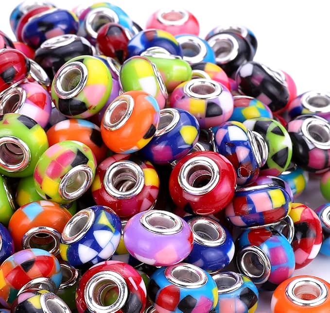 100 Pieces 14mm European Large Hole Spacer Beads Mix Color with Silver Brass Cores Assortments Charm Lampwork Beads Supplies for Necklace Bracelets Jewelry Making (Mosaic Beads)