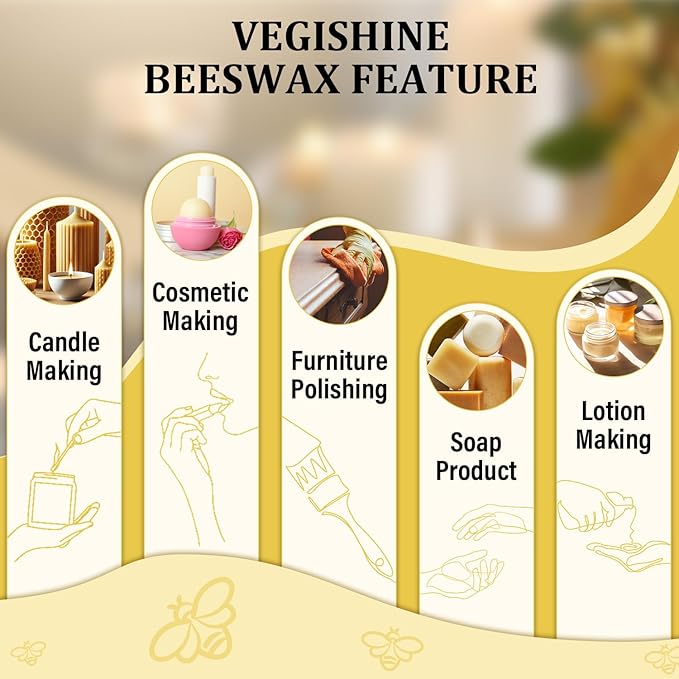 Beeswax pellets 10LB, VEGISHINE Pure and Natural White Beeswax for Candle Making, DIY Skin Care, Lip Balm, Polishing, Lotion, Soap, Candle Making Supplies