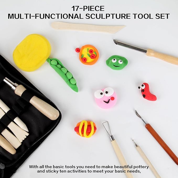 17Pcs Clay Sculpting Tools, Basic Clay Tools Kit, Polymer Clay Tools with Wooden Handles & Tool Bag, Practical Air Dry Clay Tools for Dotting, Carving, Molding, Pottery Kit for Adults Kids