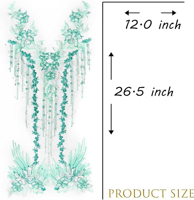 Beaded Pearl Flower Fabric Lace Applique, Floral Embroidered Patches Handmade Sewing Tool for DIY Neckline Bodice Wedding Bridal Prom Dress(Green-Large)