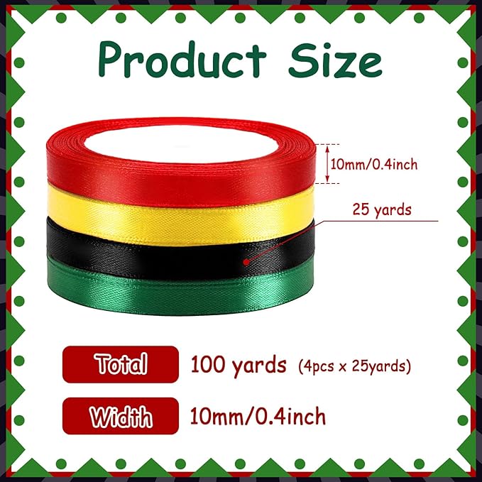 DECYOOL 4 Rolls Black History Month Ribbon Set, Red, Yellow, Green, Black Polyester Wired Ribbons Black History Month Ribbon for Gift Wrapping DIY Crafts Juneteenth and Kwanzaa Decorations