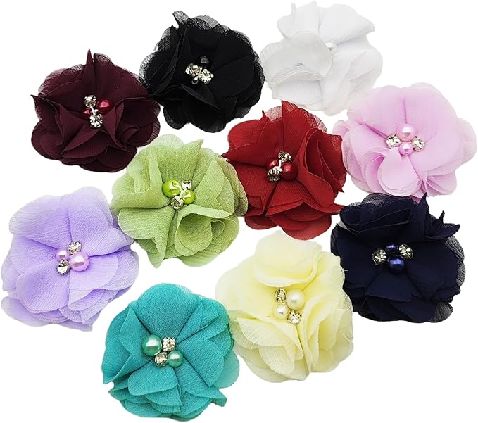 10 PC Blue Rhinestone Pearl Lace Petal Fabric Flowers Sewing Applique, 2.3 Inch