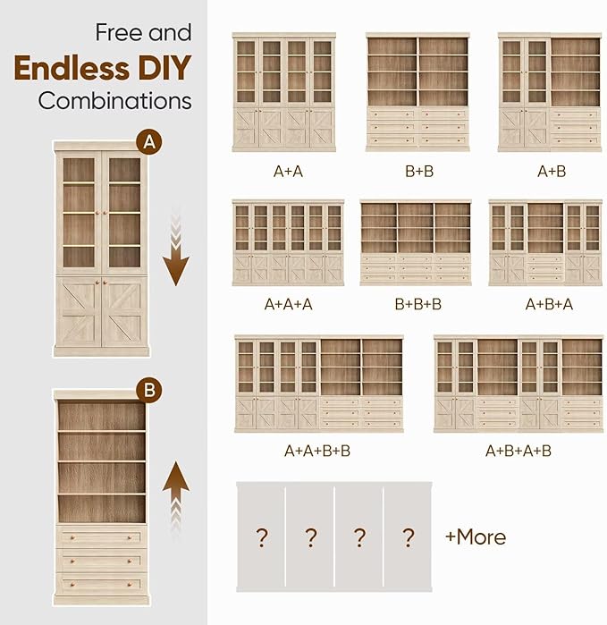 Vyre 71" Tall Farmhouse Bookshelves with Drawers, Large Modular Bookcase with Adjustable Shelves, Storage Cabinet for Living Room， Home Office, Kitchen, Brown