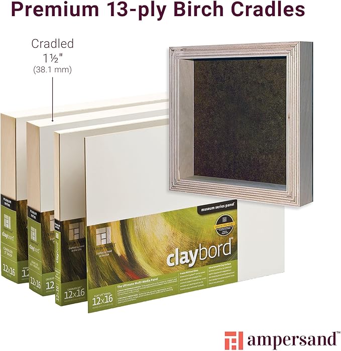 Ampersand Art Supply Wood Painting Panel: Museum Series Claybord, 22" x 28", 1-1/2" Cradled Profile