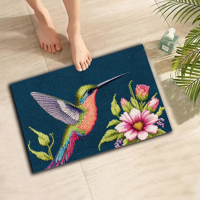 Latch Hook Kits for Adults, Pre-Printed Handmade Rug Crochet Yarns DIY Door Mat Kits for Home Decor Festival Gift 23.6"X15.8" (Hummingbird)