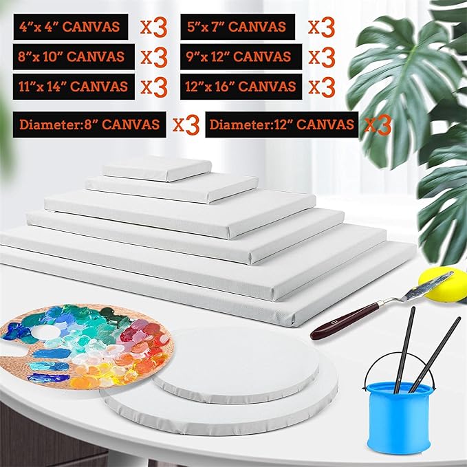 24 Pack Canvases for Painting with 4"x4", 5"x7", 8"x10", 9"x12", 11"x14", 12"x16", Round Canvas with 12"x12", 8"x8", 3 of Each, Painting Canvas for Oil & Acrylic Paint.