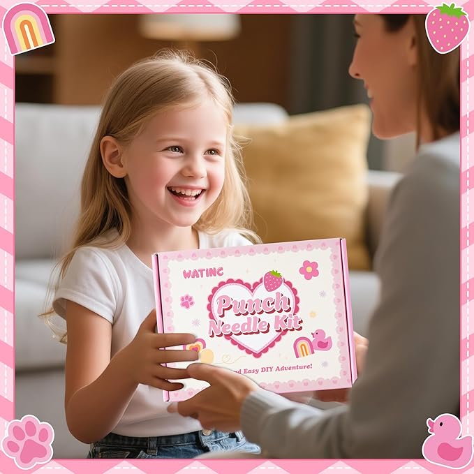 WATINC Christmas Punch Needle Coaster Kits - 23Pcs Easy Art Work Decor Craft Supply for Beginners, DIY Set of 6 Pattern Tufted Pads with Adhesive Felt Yarns Tools Instruction Customized Boxes (Pink)