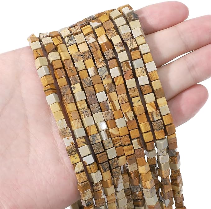 Natural Brown Picture Jasper Square Stone Beads 4x4mm 85pcs Cube Loose Semi Gemstone Beads for Jewelry Making Design