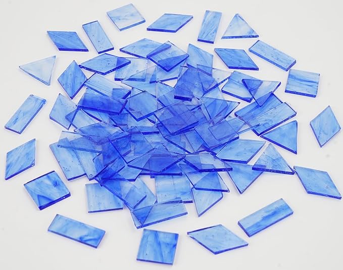 70pcs Transparent Glass Mosaic Tiles, 200g Large Size Stained Pieces for DIY Craft Supplies, 4 Shapes for Creative Crafts, Sky Blue