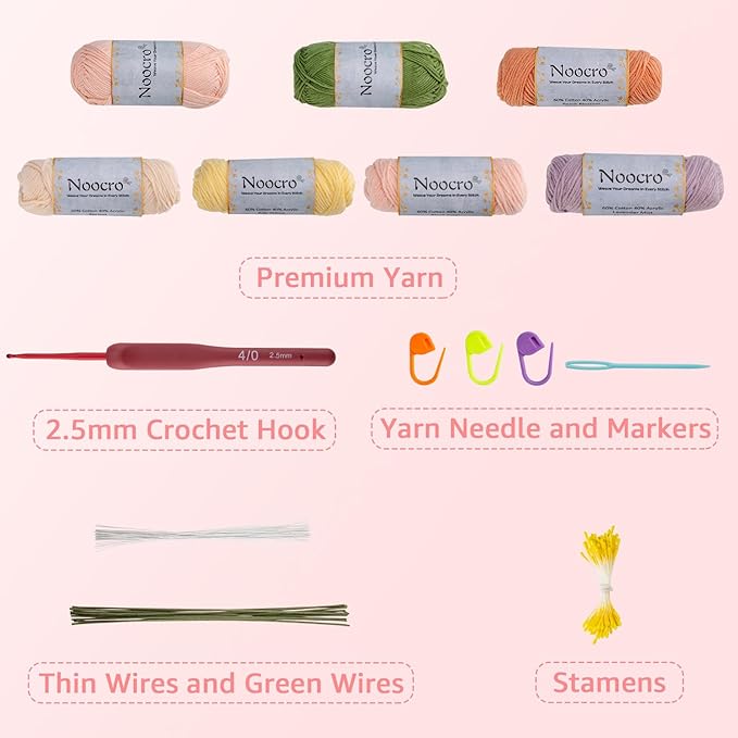 Noocro Crochet Kit Flower Bouquet, Rose, Lily Myosotis, Poppy, Tulip and Orchid with Video Tutorial and Detailed Instructions, Complete Kit Craft Supplies Holiday Gift (Tulip)