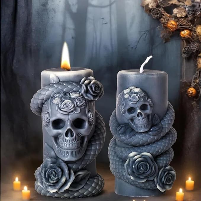 Snake Skull Silicone Mold, Cylinder Candle Mold with Coiling Snake for Halloween Candle Making, Resin, Clay Craft, Aromatherapy Gypsum, Home Decor (Snake and Skull B)