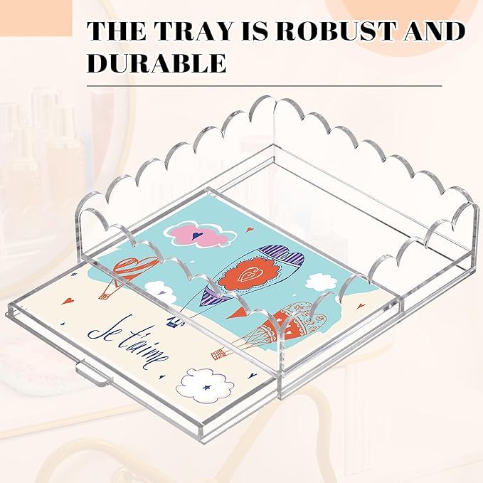 1 Pcs Acrylic Scalloped Tray Large Clear Acrylic Tray with Drawer for Insert Customizable Photos, Art, and Fabric Scalloped Basket for Needlepoint Napkin Frame Display Messages (12" X 12")