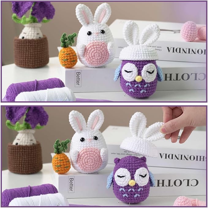 yhwsymgmho Crochet Kit for Beginners:2pcs Animals Crochet Starter Kits with Step-by-Step Video Tutorials,Easy Knitting Set for Adults Kids,DIY Crocheting Doll Gift(Thanksgiving Bunny and owl)