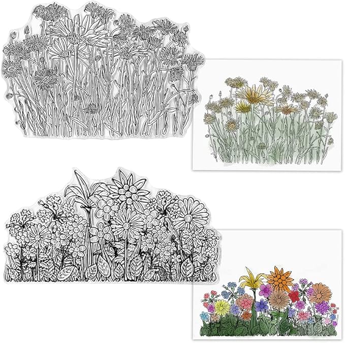 Flowers Leaves Background Clear Stamps for Card Making Paper Craft, Plants Sunflower Flower Branch Clear Silicone Reusable Seal Stamps for Holiday Card Making Decoration and DIY Scrapbooking