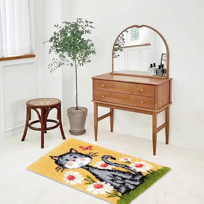 kingsea Latch Hook Kit for Adults, DIY Crochet Yarn Rug with Pattern Printed Latch Hook Rug Kit for Teen, Latch Hook Kit for Beginners - Cat and Flower, 20in x 15in