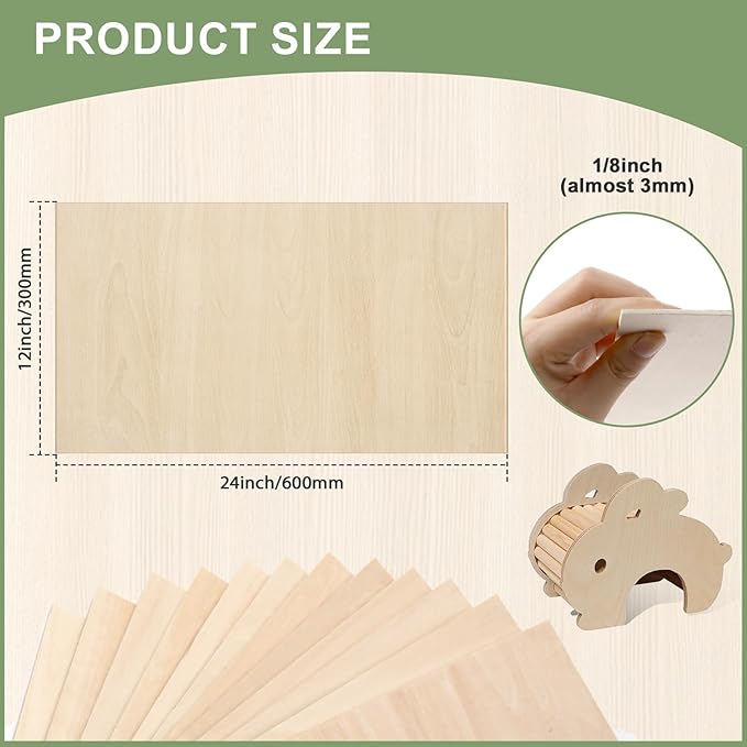 10 Pack Basswood Sheets 1/8x12x24 Inch, Unfinished Wood for Crafts, 3mm Basswood for Laser Cutting & Engraving, Wood Burining,Architectural Models, Wood Board for Painting.