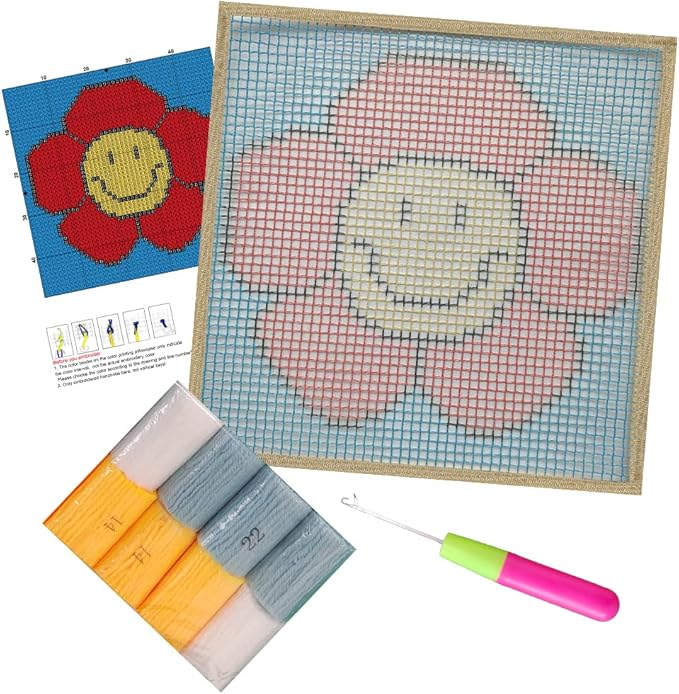 Numptain Latch Hook Kits for Kids,DIY Rug Crafts Flower Pattern Color Printed Canvas,Latch Hook Kits for Beginners Handmade Needlework Crafts Home Decoration,12"x12"