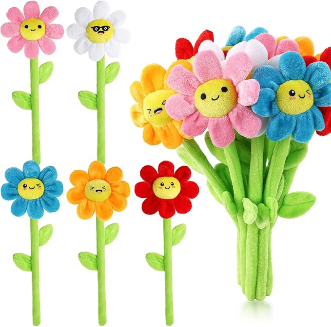 10 Pcs Plush Smile Flower Stuffed Bendable Stems Plush Bouquet Toy Soft Flower 12.6 Inch for Christmas 2025 Mother's Day Girl Girlfriend Wife(Lovely Style)