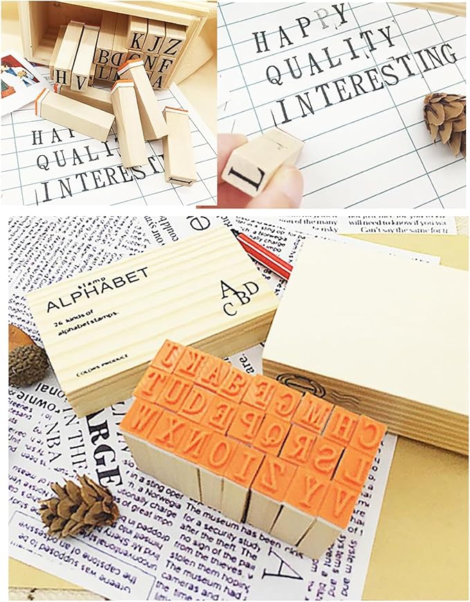 26Pcs Wooden Rubber Stamps Letter Alphabet Stamps Mini Cute DIY Stamps Set for Craft Decorating Scrapbooking and Wedding Invitation Cards (26Pcs)