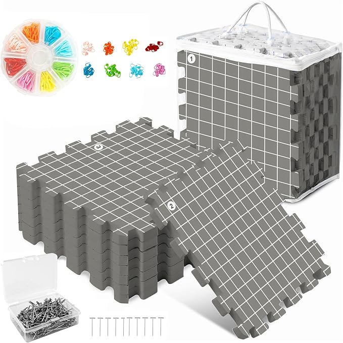 MEVOME Blocking Mats for Knitting 200 T-pins 100 Locking Stitch Markers, Extra Thick Block Boards Crochet Projects Grid Lines Needlepoint Knit Crocheting, 9 Foam Interlocking Mat Storage Bag (Gray)
