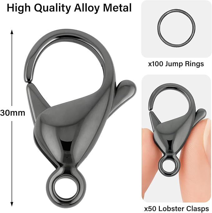 Mandala Crafts 30mm Gunmetal Metal Lobster Clasps for Jewelry Making - 50 Lobster Claw Clasps with Jump Rings Jewelry Findings Kit for Necklaces Bracelets Charms Fasteners