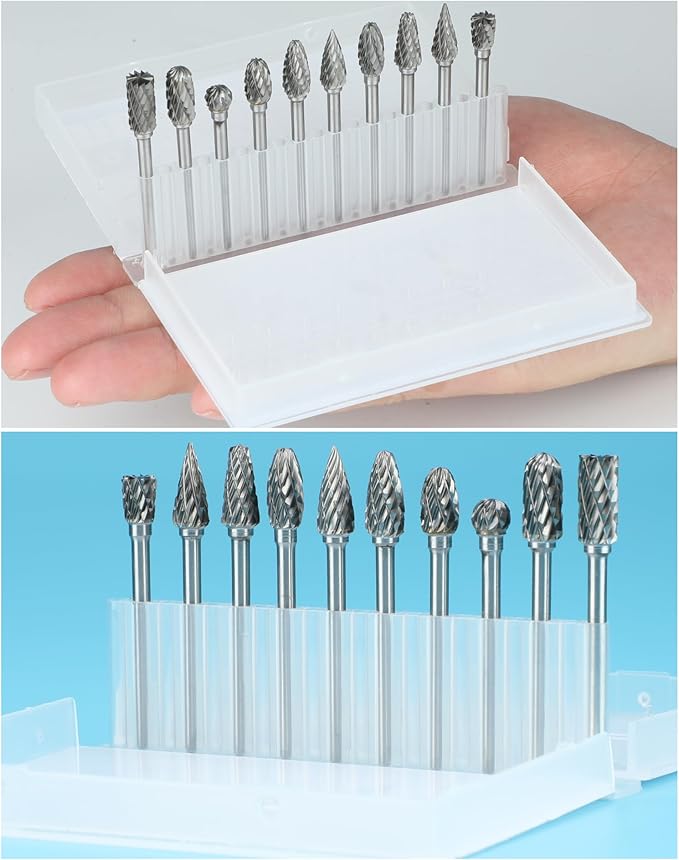10 Pcs Carbide Burr Set 1/8" Shank Compatible with Dremel Milwaukee Bits Rotary Tools Attachment Kit Rasp Drill File Accessories Metal Wood Stone Steel Grinding Carving Cutting Polishing