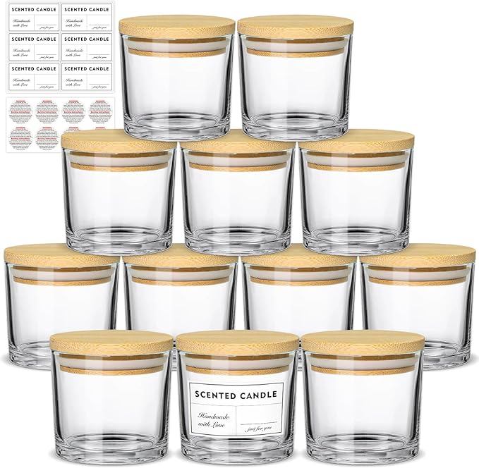 4oz Candle Jars 12 Pack- Small Clear Empty Glass Jars with Bamboo Lids, Stickers and labels, Bulk Glass Jar for Making Candles Containers, Ideal for Candle Business Owners