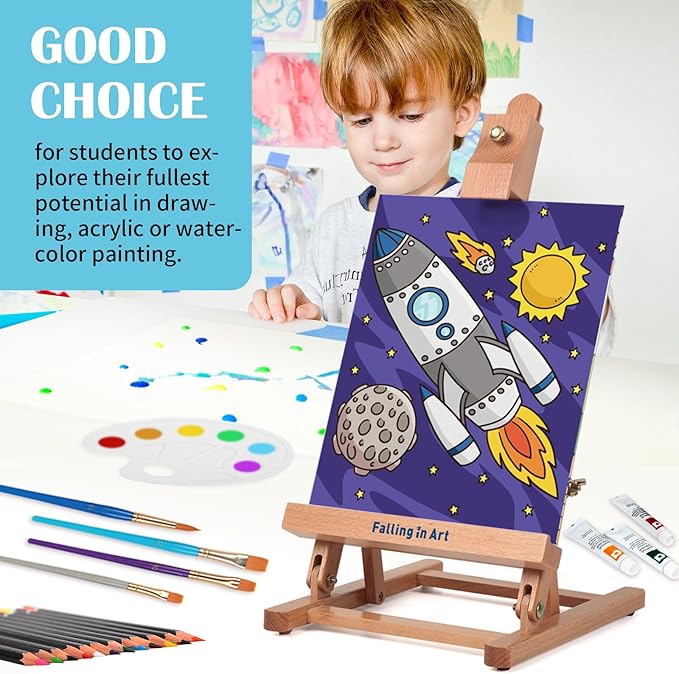 Falling in Art Tabletop Easel Set, Portable Wooden Art Easel Painting Kits for Kids, Easel for Painting Canvases, Including 12 Colors Acrylic Paints, 10 Paintbrushes and 4 Canvas Panels, Yellow